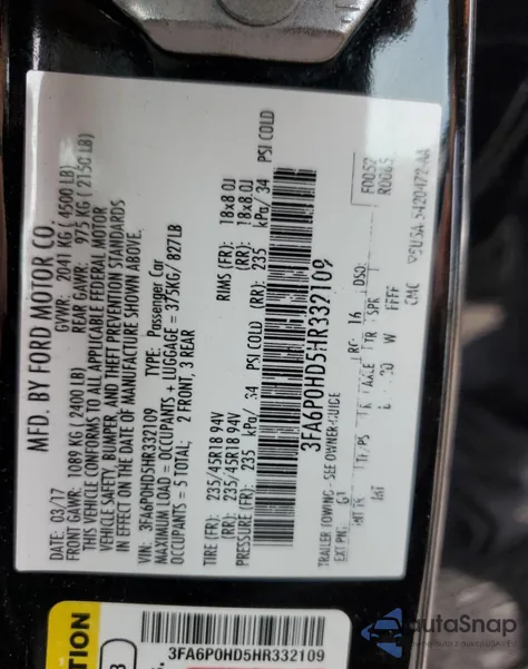 2017 Ford Fusion Se z USA, uszkodzony, nr VIN 3FA6P0HD5HR332109